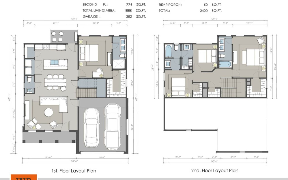 The Pioneer - 4 bedroom floorplan layout with 3.5 bathrooms and 1888 square feet
